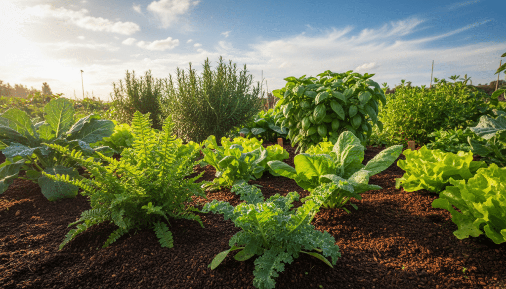A lush garden scene showcasing various plants thriving in rich, dark coffee grounds. In the foreground, vibrant green plants like ferns and leafy vegetables burst from the earthy soil mixed with coffee grounds, their leaves glistening with dew. In the middle ground, a small herb patch displays thriving rosemary and basil, their rich foliage highlighting the benefits of coffee as fertilizer. The background features a sunny blue sky with soft white clouds, casting gentle, warm sunlight over the scene to create a cheerful atmosphere. The composition is captured from a low angle, emphasizing the plants' growth against a backdrop of natural beauty, evoking a sense of health and vitality. The overall mood is uplifting and vibrant, celebrating the idea of sustainable gardening.