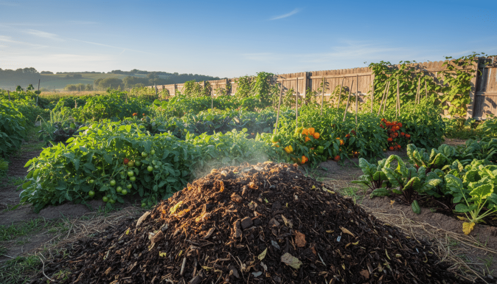 A lush vegetable garden fertilized with organic compost, prominently displayed in the foreground. In the middle ground, rows of diverse plants such as tomatoes, peppers, and leafy greens thrive under the warm morning sunlight, with visible signs of healthy growth and vibrant colors. In the background, a rustic wooden fence and a clear blue sky create a serene rural atmosphere. The scene is bathed in soft, natural lighting that enhances the richness of the earth and greenery, captured from a slightly elevated angle to showcase the depth of the garden. The overall mood is one of abundance and vitality, illustrating the importance of proper fertilization in nurturing various types of plants.