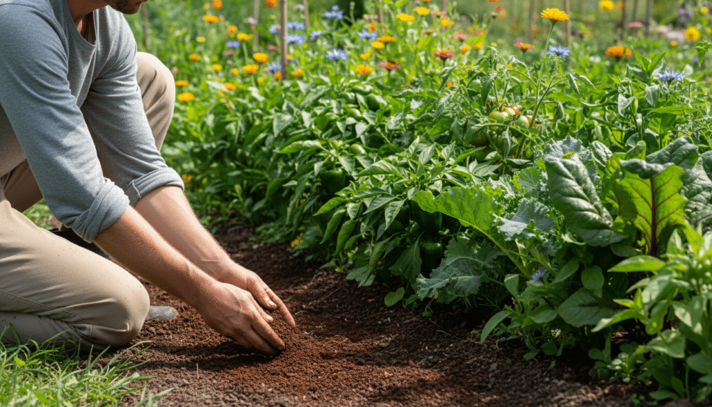 A lush, vibrant garden scene showcasing the process of using coffee grounds as fertilizer. In the foreground, a gardener wearing modest casual clothing kneels beside a rich, dark soil plot, sprinkling coffee grounds onto the earth, with coffee ground residue visibly scattered. In the middle, various thriving plants like tomatoes, peppers, and leafy greens rise prominently, demonstrating their healthy growth. The background features a sunlit garden with colorful flowers and green foliage, creating an inviting, serene atmosphere. Soft, natural lighting highlights the textures of the coffee grounds and plant leaves, while a shallow depth of field focuses on the gardener’s hands engaging with the soil, evoking a sense of connection to nature and plant care.