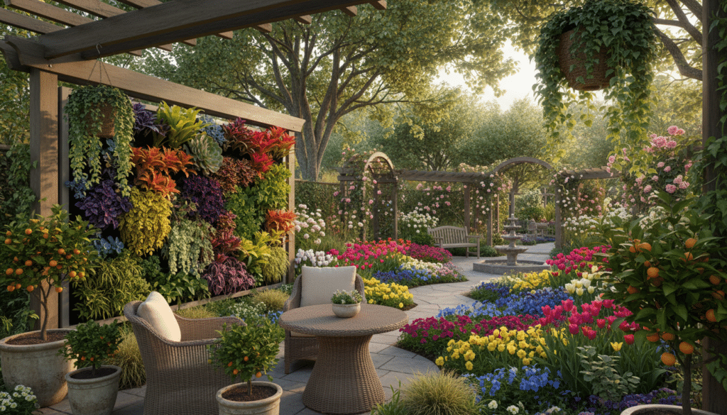 A meticulously designed small garden that emphasizes visual impact, featuring vibrant flower beds with a mix of colorful blooms, cascading plants, and carefully arranged seating areas. In the foreground, include a stylish patio set surrounded by lush greenery and ornamental plants. The middle ground showcases an artistic vertical garden wall, adorned with colorful and textural plants, creating a focal point that draws the eye. In the background, gentle sunlight filters through overhanging tree branches, casting dappled light on the scene. The overall atmosphere is inviting and serene, evoking a sense of tranquility and inspiration within a limited space. The perspective should highlight the depth of the garden design, using a wide-angle lens to capture the lush details and vibrant colors harmoniously.