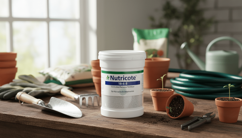 A professional container of Nutricote controlled release fertilizer 18-6-8 sitting on a potting bench with garden tools in the background, bright and clear photography. A professional container of Nutricote controlled release fertilizer 18-6-8 sitting on a potting bench with garden tools in the background, bright and clear photography.