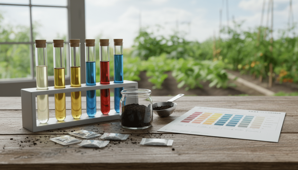 A professional soil testing kit for vegetable garden, including test tubes and a color chart, placed on a rustic wooden table next to a jar of rich dark earth.