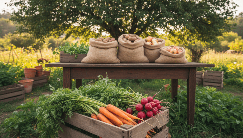 A rustic garden scene featuring various vegetables in different storage setups. In the foreground, a wooden crate filled with fresh carrots and radishes, their vibrant colors contrasting against the earthy tones of the crate. In the middle, burlap sacks holding potatoes and onions, arranged neatly on a sturdy table surrounded by lush green plants. The background showcases a shaded area beneath a leafy tree, suggesting a cool, natural environment for storage. Soft, diffused lighting filters through the leaves, casting gentle shadows and highlighting the textures of the produce. The atmosphere is cozy and inviting, evoking a sense of freshness and sustainability. No people are present in the scene, allowing the focus to remain solely on the vegetables and their storage solutions.