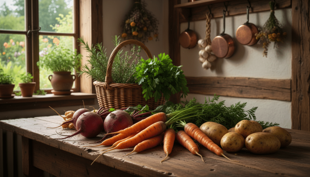 A rustic kitchen scene showcasing an array of freshly cured garden vegetables, meticulously arranged on a weathered wooden table. In the foreground, vibrant orange carrots, earthy beets, and glossy potatoes are displayed, showcasing their rich colors and textures. The middle ground features a basket filled with an assortment of herbs, like thyme and rosemary, adding a hint of green. Soft, natural light streams in from a nearby window, casting gentle shadows and creating a warm, inviting atmosphere. In the background, a blurred window reveals a lush garden, hinting at the source of these vegetables. The overall mood is homely and organic, emphasizing the connection between the garden and the kitchen.