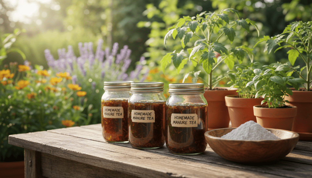 A rustic wooden table in the foreground displays jars filled with vibrant, homemade manure tea and a bowl of fine wood ash, creating an organic gardening atmosphere. In the middle ground, potted plants showcase lush, healthy foliage, hinting at the benefits of these natural fertilizers. The backdrop features a sunlit garden with green plants and a soft blur of flowers, evoking a serene and nurturing environment. The warm sunlight filters through the leaves, casting gentle shadows on the table, enhancing the earthy tones of the scene. Use a macro lens to emphasize the textures of the jars and the richness of the fertilizers, while maintaining a soft focus on the background, creating an inviting and tranquil mood suited for organic gardening enthusiasts.