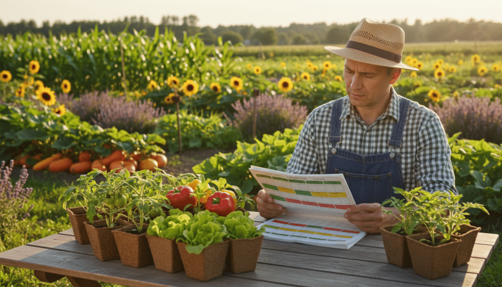 A serene garden scene depicting the concept of "planting timing." In the foreground, a diverse array of vegetable seedlings, such as tomatoes, peppers, and lettuce, is meticulously arranged in biodegradable pots on a rustic wooden table. The middle ground features a knowledgeable gardener, dressed in modest casual clothing, examining a planting calendar with colorful seasonal indicators. The lush background reflects a vibrant garden with various plants at different growth stages, bathed in warm, golden sunlight, symbolizing the passing seasons. Soft shadows create a tranquil atmosphere, while the camera angle captures both the gardener's focused expression and the thriving plants, emphasizing the harmony of nature and careful planning in vegetable gardening.