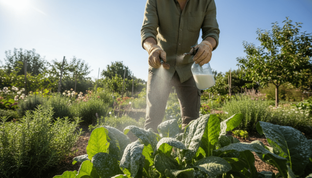 A serene garden scene featuring a gardener applying eco-friendly fungicide spray on a cluster of plants affected by powdery mildew. In the foreground, a focused gardener in modest casual clothing gently squeezes a spray bottle, producing a fine mist of natural fungicide. In the middle, vibrant green leaves exhibit signs of mildew, while the active spray glistens in the sunlight, emphasizing the effectiveness of the treatment. The background shows rows of flourishing plants under a bright blue sky, enhancing the atmosphere of a healthy, organic garden. Soft, diffused lighting creates a warm, inviting mood, and the angle of the shot captures both the sprayer's technique and the vibrant plant life, showcasing a harmonious relationship with nature.