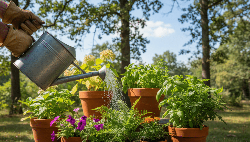 A serene garden scene featuring a gardener carefully watering a variety of lush green plants in bright, natural daylight. In the foreground, focus on the gardener's hands holding a watering can, skillfully pouring water over vibrant flowers and leafy greens. The middle ground showcases an assortment of potted plants, some exhibiting signs of overwatering with yellowing leaves, while others look healthy and thriving. The background includes a clear blue sky dotted with a few fluffy clouds, framed by trees providing dappled sunlight. Capture this scene with a shallow depth of field, highlighting the action of watering while softly blurring the background for a soothing atmosphere, emphasizing the importance of proper watering techniques in plant care.
