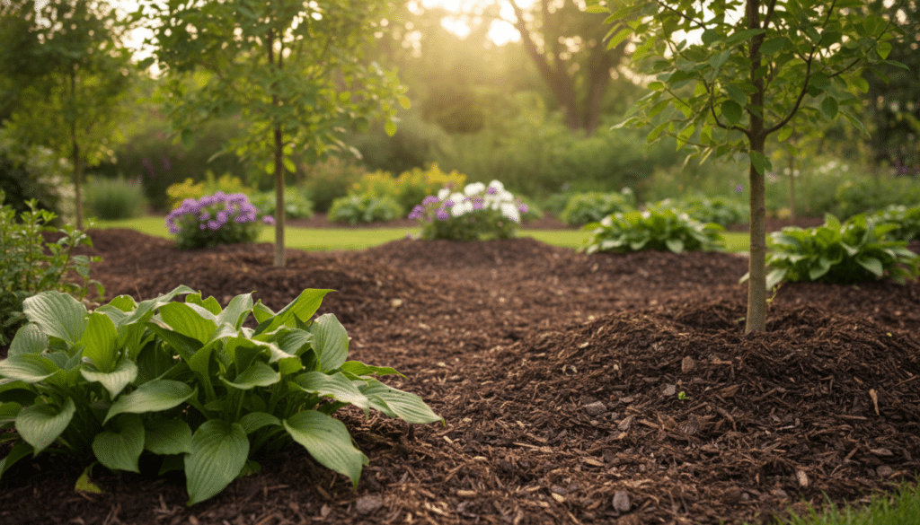 A serene garden scene showcasing rich, dark compost mulch spread around vibrant landscape plants and trees. In the foreground, a close-up of healthy plants with lush green leaves, their roots nestled in a bed of finely textured compost. The middle ground features various ornamental shrubs and young trees, all benefiting from the nourishing layer of mulch. In the background, a soft-focus view of a sunlit garden, with rays of warm light filtering through leaves, creating a tranquil atmosphere. The image is captured in bright, natural light, with a shallow depth of field to emphasize the plants and the mulch layer. The overall mood is uplifting and fresh, illustrating the benefits of applying compost for healthier plants.