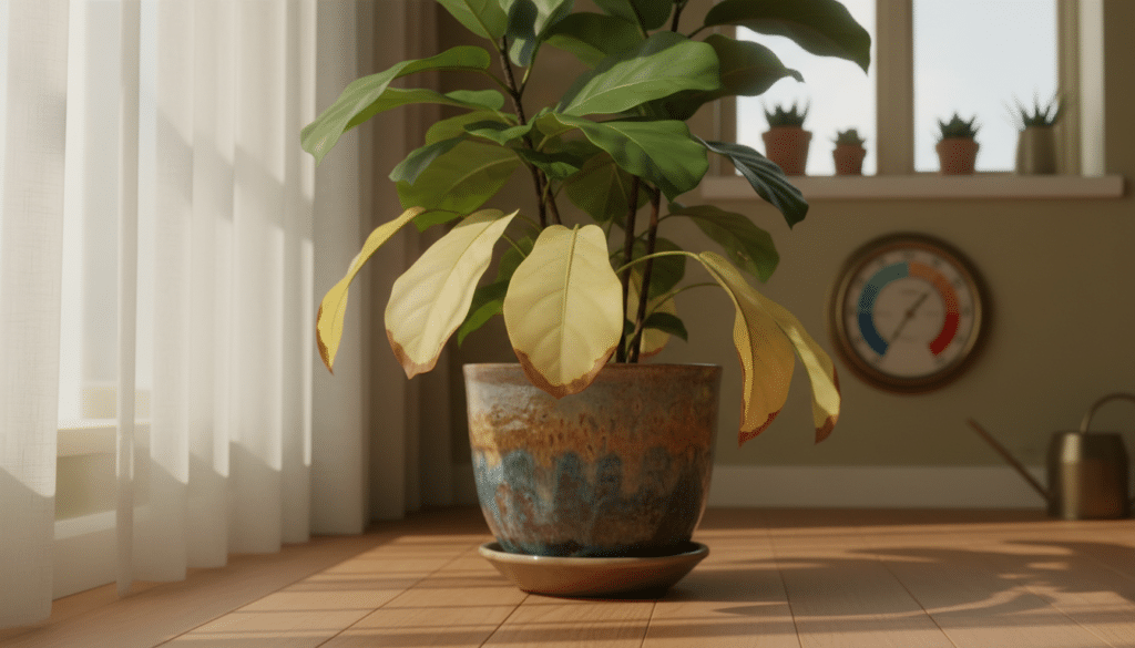 A serene indoor plant setup, showcasing a vibrant green houseplant with yellowing leaves, symbolizing the balance between light temperature and plant health. In the foreground, feature the plant in a stylish pot, with a few yellowing leaves prominently displayed to highlight the issue. The middle ground shows a soft, warm light filtering through a sheer curtain, casting gentle shadows and creating a cozy atmosphere. In the background, a subtle temperature gauge and a few sunny windowsills emphasize the importance of balanced conditions. Use a warm color palette, focusing on greens and yellows, with an inviting and educational mood. The image should have a soft focus, using a slight bokeh effect to draw attention to the plant while maintaining clarity in the details surrounding it.