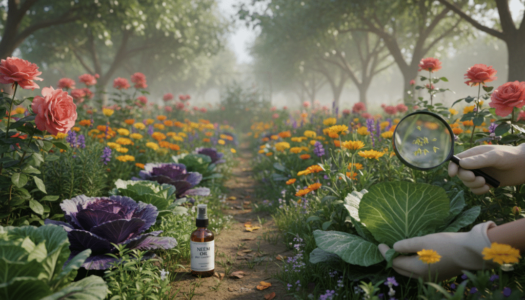 A serene seasonal garden scene focused on monitoring aphid control, featuring diverse plants like roses, cabbages, and herbs, all meticulously arranged in neat rows. In the foreground, a pair of gloved hands gently inspecting a leafy vegetable for aphids, while a magnifying glass highlights their tiny form. The middle ground includes colorful flowers and healthy foliage, with a small, natural pesticide spray bottle nearby. In the background, gentle sunlight filters through leafy trees, casting dappled shadows on the ground, creating a calm and nurturing atmosphere. Capture this scene using a soft-focus lens effect, emphasizing the vibrant colors of the garden and the detailed textures of the plants. Aim for a positive, proactive mood, illustrating the commitment to a healthy garden year-round.