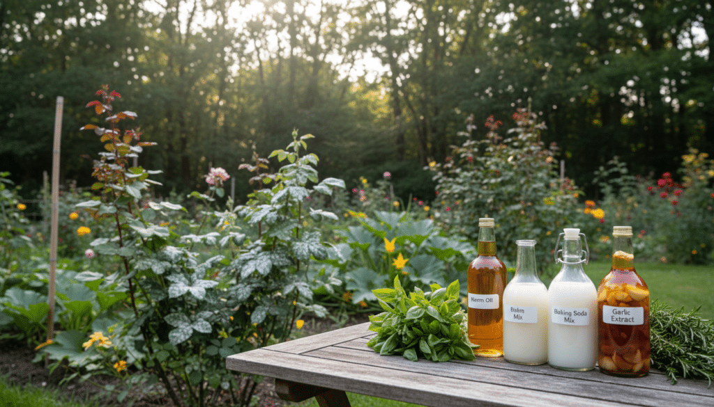 A tranquil garden scene depicting a variety of natural fungicide solutions for treating powdery mildew on plants. In the foreground, a rustic wooden table is adorned with glass bottles containing homemade remedies, such as neem oil, baking soda solution, and garlic extracts, all showcasing their natural colors. Freshly picked herbs like basil and rosemary are scattered around, hinting at their anti-fungal properties. The middle ground features healthy green plants showing signs of powdery mildew, juxtaposed with their vibrant leaves and blooms. In the background, soft sunlight filters through a canopy of trees, creating a warm, serene atmosphere. The angle captures the lushness of the garden while emphasizing the natural remedies, inviting viewers to explore organic treatment options.