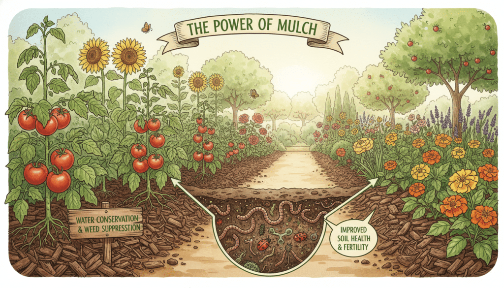 A vibrant and informative illustration depicting the key benefits of mulching garden beds. In the foreground, a well-mulched garden bed with rich brown wood chips, showcasing healthy plants such as tomatoes and marigolds thriving. The middle ground features close-up views of earthworms and beneficial insects interacting in the moist soil, symbolizing improved soil health. The background presents a sunny, lush garden scene with various plants, flowers, and trees basking in natural light, emphasizing a vibrant ecosystem. Utilize soft, warm lighting to create a welcoming atmosphere, captured with a shallow depth of field to focus on the healthy plants and mulch, reminiscent of a bright summer day, inviting viewers to appreciate the advantages of mulching for their gardens.