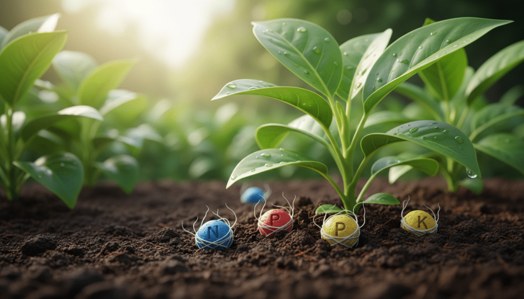 A vibrant close-up image of healthy green leaves thriving in rich, dark soil, illustrating the essential roles of nitrogen, phosphorus, and potassium. In the foreground, prominently place small, colorful fertilizer granules labeled with the symbols N, P, and K, each surrounded by delicate roots. The middle ground features lush plants with strong, glossy leaves exhibiting signs of optimal growth, while the background shows a blurred garden landscape under bright, natural sunlight, creating a warm atmosphere. The image should convey the essence of plant vitality and nutrient absorption, emphasizing the importance of NPK fertilizers in leaf growth. Use a macro lens effect to capture intricate details and textures, enhancing the overall educational impact of the illustration.
