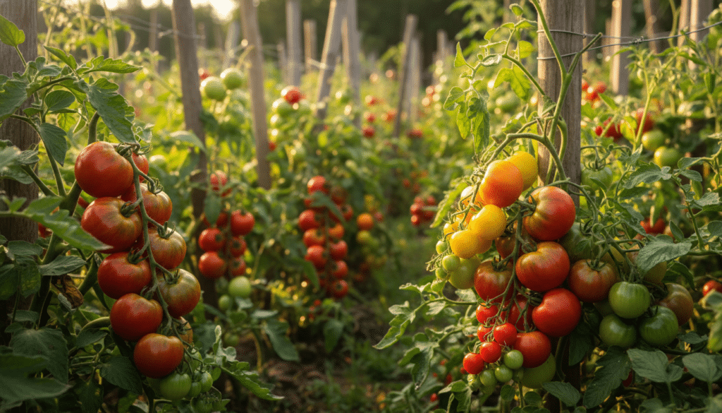 A vibrant garden scene showcasing an array of different varieties of tomatoes ripening on their vines. In the foreground, clusters of ripe heirloom tomatoes in varying shades of red, orange, and yellow, interspersed with smaller cherry tomatoes, glistening with morning dew. In the middle ground, a lush green backdrop of tomato plants with thick foliage and the subtle signs of their fruit nearing harvest. The background features a soft focus of rustic wooden stakes and trellises, adding depth to the scene. Natural daylight filters through the leaves, casting gentle shadows, while a warm, inviting atmosphere conveys the anticipation of harvest time. The image should be captured with a shallow depth of field to highlight the tomatoes and create an intimate garden ambiance.