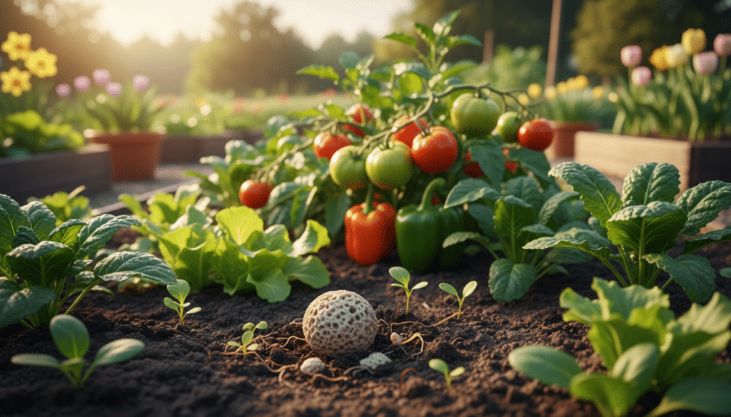 A vibrant garden scene showcasing an array of fresh vegetables at different stages of growth, including tomatoes, peppers, and leafy greens, thriving in rich, dark soil. In the foreground, a gradually crumbling slow-release fertilizer granule is shown, enhancing the soil's texture, surrounded by delicate roots and small shoots. The middle ground features thriving plants with vivid colors, glistening under warm, golden sunlight that creates soft shadows. In the background, a serene landscape with blurred garden beds and containers, hinting at a seasonal transition with hints of spring blooms. The photography style emulates a macro lens perspective, capturing intricate details of the plants and fertilizer, evoking a sense of nourishment and growth, inviting readers into the flourishing atmosphere of the growing season. A vibrant garden scene showcasing an array of fresh vegetables at different stages of growth, including tomatoes, peppers, and leafy greens, thriving in rich, dark soil. In the foreground, a gradually crumbling slow-release fertilizer granule is shown, enhancing the soil's texture, surrounded by delicate roots and small shoots. The middle ground features thriving plants with vivid colors, glistening under warm, golden sunlight that creates soft shadows. In the background, a serene landscape with blurred garden beds and containers, hinting at a seasonal transition with hints of spring blooms. The photography style emulates a macro lens perspective, capturing intricate details of the plants and fertilizer, evoking a sense of nourishment and growth, inviting readers into the flourishing atmosphere of the growing season.