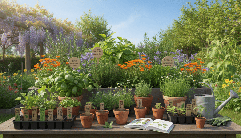 A vibrant garden scene showcasing beginner gardening tips for plant selection. In the foreground, a well-organized garden table displays a variety of young plants and seedlings, labeled with simple plant care tips. The middle ground features a lush garden bed, showcasing a harmonious arrangement of flowering plants and herbs, emphasizing the importance of companion planting. In the background, a bright blue sky filters warm sunlight through gently swaying green leaves, creating a cheerful and inviting atmosphere. The scene is shot from a slightly elevated angle, emphasizing the abundance and diversity of the plants, with soft natural lighting enhancing the freshness of the greenery. The overall mood is encouraging and inspiring for new gardeners, inviting them to explore the joys of plant selection.