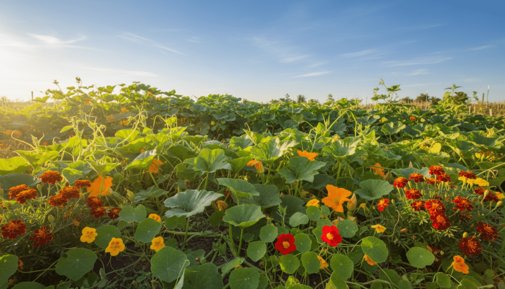 A vibrant garden scene showcasing companion planting for squash, pumpkin, and cucumber, emphasizing natural beetle control methods. In the foreground, lush green squash and pumpkin plants with large, healthy leaves and bright orange flowers mingle with cucumber vines, creating a harmonious garden aesthetic. In the middle ground, various beneficial companion plants such as marigolds and nasturtiums are interspersed to fend off pests, their colorful blooms attracting beneficial insects. The background features a clear blue sky, sunlight filtering through with warm, inviting rays illuminating the garden. The composition creates a tranquil, encouraging atmosphere, showcasing a sustainable gardening approach. Soft focus on the background adds depth, while a vibrant color palette enhances the sense of a thriving ecosystem. The image is captured with a wide-angle lens for a panoramic effect, highlighting the cohesive relationship between plants.