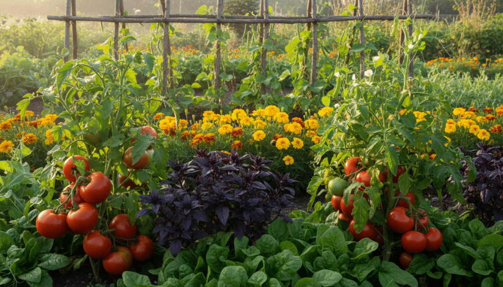 A vibrant garden scene showcasing healthy tomato plants interspersed with their best companion plants, such as basil, marigold, and spinach. In the foreground, lush, ripe tomatoes dangle from robust green vines, their deep red color contrasting with the delicate purple leaves of basil. The middle ground features bright yellow marigolds, adding a pop of color, with soft sunlight filtering through the leaves, creating a warm, inviting atmosphere. In the background, a rustic wooden trellis supports climbing plants like beans and peas, enhancing the garden's bountiful feel. The scene is illuminated by soft morning light, casting gentle shadows, and the perspective is slightly elevated, offering a comprehensive view of this harmonious planting arrangement. Capture the essence of a thriving, organic garden, exuding life and tranquility, inviting viewers to explore companion planting.