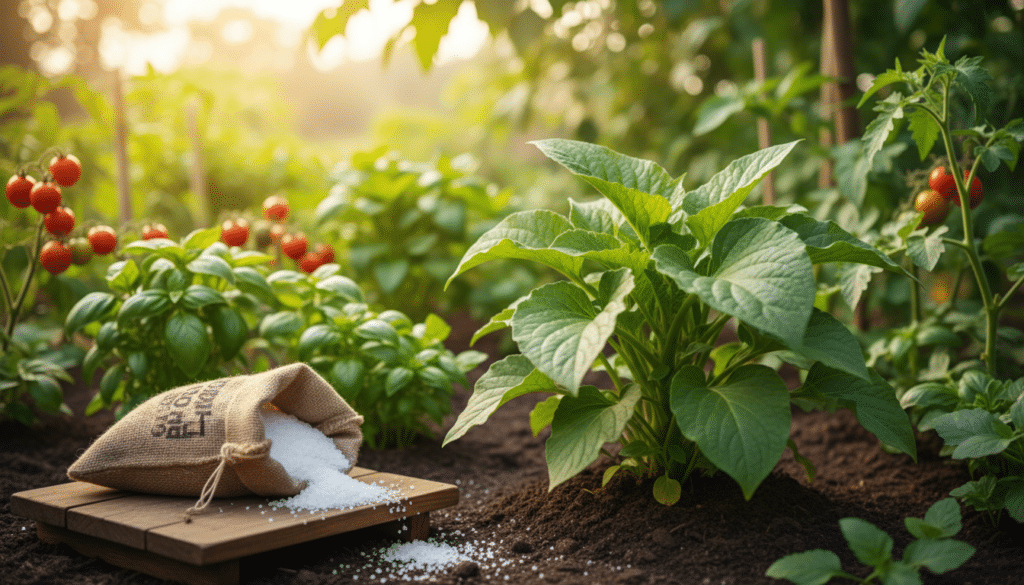 A vibrant garden scene showcasing the benefits of magnesium for plant growth. In the foreground, a lush green plant with thick, healthy leaves is being nourished by Epsom salt, symbolizing magnesium's role in its development. A small, rustic wooden table holds an open bag of Epsom salt, from which fine grains are gently scattered over the soil. The middle ground features various thriving plants, including tomatoes and basil, enriched by this organic fertilizer. In the background, a soft-focus sunlit landscape adds warmth to the scene, with a hint of gentle sunlight filtering through the leaves, creating a bright and uplifting atmosphere. The entire image conveys a sense of natural growth and health, embodying the essence of organic gardening.