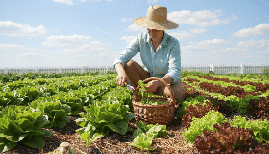 A vibrant garden scene showcasing the harvesting of various lettuce varieties, including crisp Romaine, delicate Butterhead, and colorful Lollo Rosso. In the foreground, a person wearing a sun hat and casual garden attire gently collects leaves in a wicker basket, demonstrating the "cut and come again" technique. The middle ground features lush rows of freshly grown lettuce, each variety distinctly visible with their unique shapes and colors. The background includes a sunny blue sky with scattered clouds and a hint of a white picket fence. Soft natural lighting casts gentle shadows, creating an inviting atmosphere. The image captures the essence of a productive harvesting day, emphasizing the bounty of diverse lettuce while promoting sustainable gardening practices.