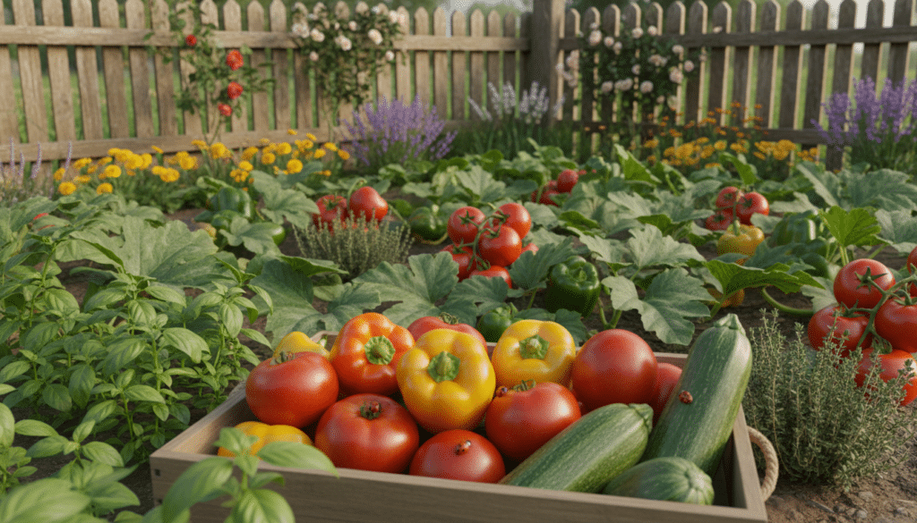 A vibrant garden showcasing various pest-resistant vegetable varieties, including brightly colored tomatoes, lush green bell peppers, and sturdy zucchini plants, thriving under soft, natural sunlight. In the foreground, focus on a bountiful harvest of plump, healthy vegetables, attracting a few friendly ladybugs as natural pest controllers. In the middle ground, well-defined rows of resilient plants, interspersed with fragrant herbs like basil and thyme to enhance biodiversity. In the background, a rustic wooden fence and blooming flowers add to the idyllic atmosphere. Capture the scene with a warm, inviting tone, using a shallow depth of field to create a soft blur around the edges, emphasizing the clarity and health of the vegetables. Aim for a slightly elevated angle to provide a comprehensive view of this organic paradise.