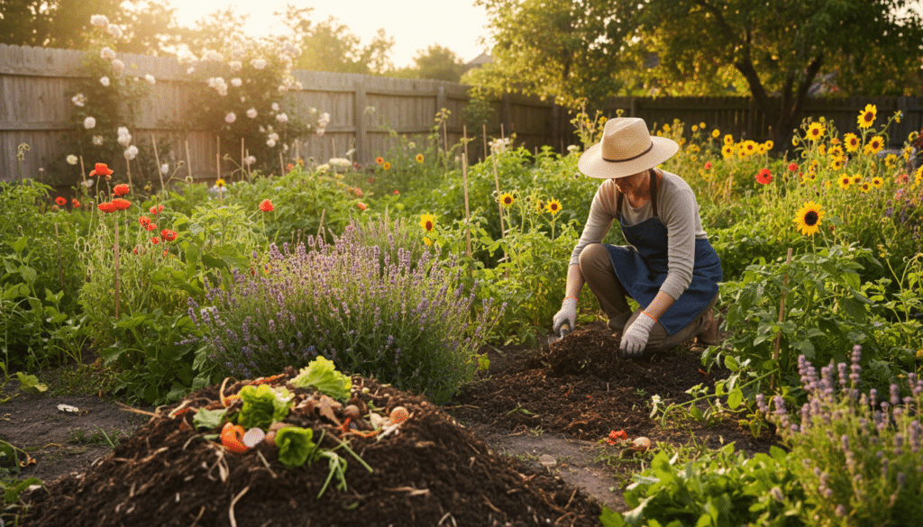 A vibrant home garden during the golden hour, filled with lush green plants and colorful flowers. In the foreground, a well-tended compost heap, rich in texture, showcasing a mix of dark, crumbly compost and fresh organic matter like vegetable scraps and leaves. In the middle ground, a gardener, dressed in modest casual attire, carefully spreads the compost onto the soil around thriving plants, emphasizing the act of enriching the earth. The background features a rustic wooden fence and sun rays filtering through trees, creating a warm, inviting atmosphere. The lighting should be soft yet illuminating, capturing the essence of an early evening. Focus on the gardener's nurturing actions and the rich soil to highlight the benefit of compost in improving garden health.