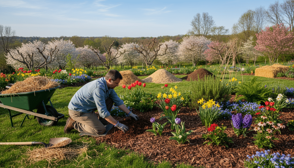 A vibrant spring garden mulching scene, featuring a well-maintained garden bed rich with blooming flowers, healthy green plants, and fresh mulch spread across the soil. In the foreground, a gardener in modest casual clothing kneels, expertly applying organic mulch around young plants, with a shovel and wheelbarrow nearby. The middle ground showcases various types of mulch, such as wood chips and straw, in neat piles, while the background reveals a lush landscape filled with blossoming trees under clear blue skies. The lighting is soft and warm, simulating the gentle glow of a spring afternoon, with a slight focus on depth to emphasize the detailed textures of the mulch and plants, creating a serene and fruitful gardening atmosphere.