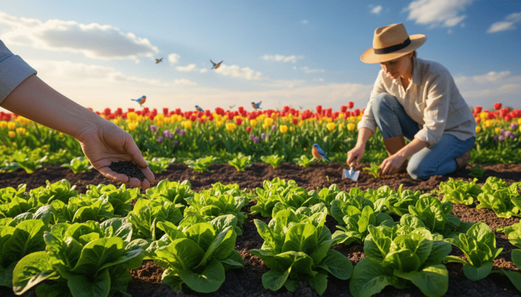 A vibrant spring garden scene depicting a variety of lush salad greens being successively planted. In the foreground, healthy rows of green lettuce, arugula, and spinach thrive in rich, dark soil, with a gentle hand sowing seeds. The middle ground showcases a gardener in modest casual clothing carefully tending to the plants, using a small trowel. The background features bright blue skies with soft, fluffy clouds, and glimpses of colorful garden flowers and birds fluttering about, enhancing the spring atmosphere. Warm sunlight bathes the scene, creating soft shadows and highlighting the vibrant greens. The image conveys a sense of growth, care, and the rewarding process of nurturing plants for a continuous harvest.