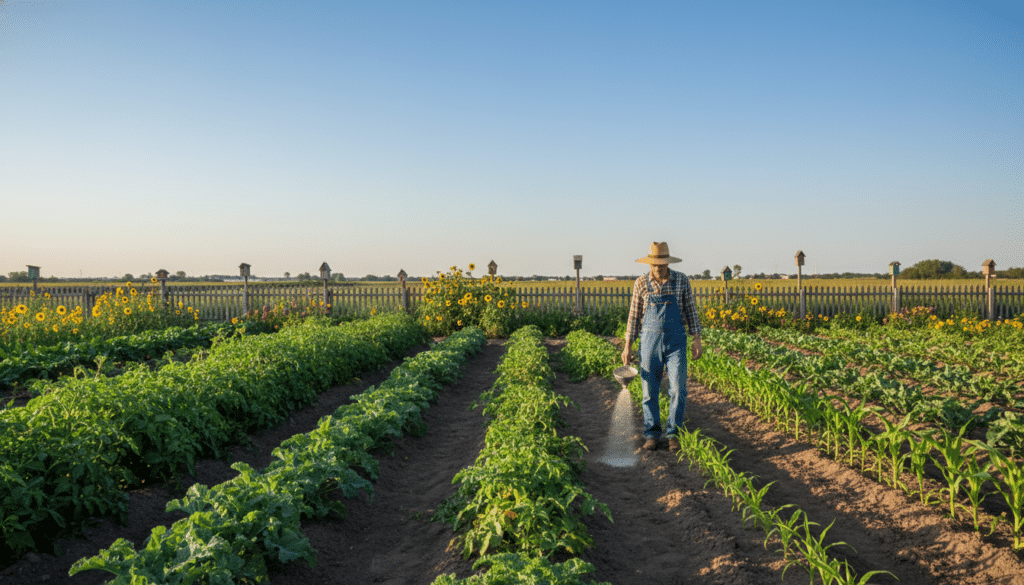 A vibrant vegetable garden stretching into the distance, evenly spaced rows of lush green plants thrive under clear blue skies. In the foreground, a gardener, dressed in practical attire with a sun hat, diligently applies organic fertilizer using a small spreader every 100 feet along the garden rows. The sunlight casts soft shadows, highlighting the rich, dark soil and vibrant plant colors, illustrating the meticulous care required for healthy growth. In the background, a wooden fence encloses the garden, while occasional birdhouses and blooming flowers add to the serene atmosphere. The scene conveys a feeling of nurturing and dedication to sustainable gardening practices.