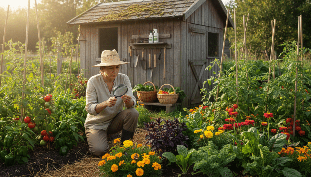 A vibrant vegetable garden under soft, natural sunlight, showcasing a gardener attentively inspecting plants for pests in the foreground. The gardener, dressed in modest, casual attire with a sun hat, holds a magnifying glass, emphasizing their careful scrutiny of the foliage. In the middle ground, various vegetable plants such as tomatoes, peppers, and leafy greens are thriving among patches of colorful companion flowers that attract beneficial insects. The background features a rustic garden shed and a tool rack with organic pest control materials, such as neem oil and natural repellents, creating an atmosphere of sustainability and care. The scene conveys a sense of harmony and dedication to organic gardening practices, with warm, inviting colors and an overall feeling of nurturing the garden ecosystem.