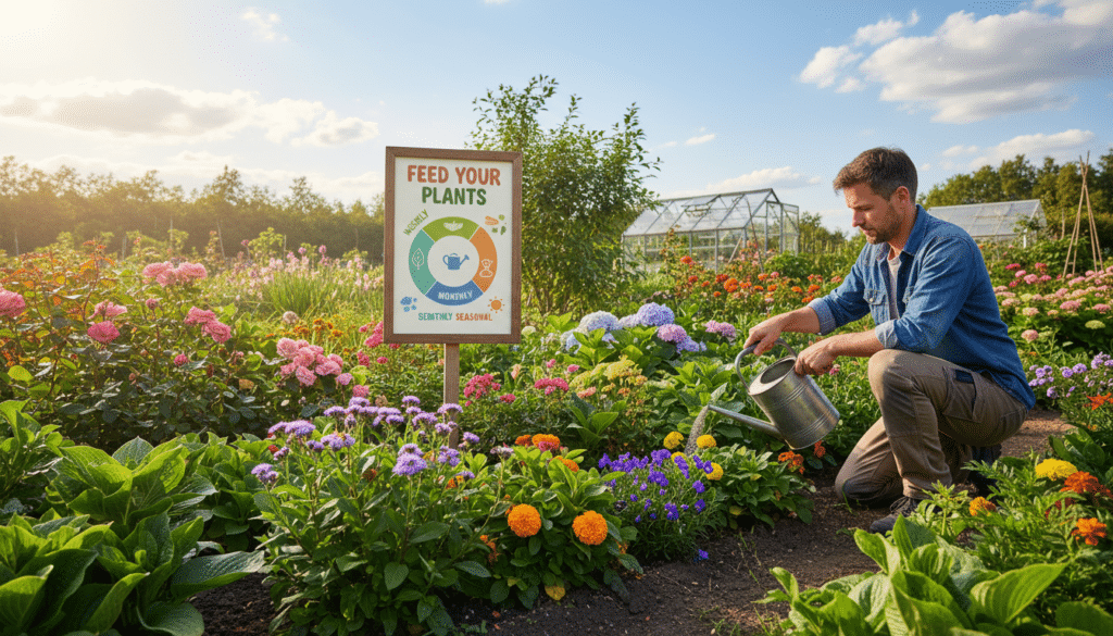 A vibrant, well-maintained garden, illustrating various types of flowering and leafy plants in rich soil. In the foreground, a gardener, dressed in modest casual clothing, is holding a fertilizer can, pouring a specific type of fertilizer onto a row of healthy plants. In the middle ground, there’s a sign with a clear, visual guide showing a fertilization schedule, with colorful icons indicating frequency. In the background, a bright blue sky with fluffy white clouds creates an inviting atmosphere, while sun rays illuminate the garden, adding warmth. The composition captures a sense of care and nurturing, with soft, natural lighting enhancing the colors of the plants, inviting viewers to learn about optimal fertilization practices.