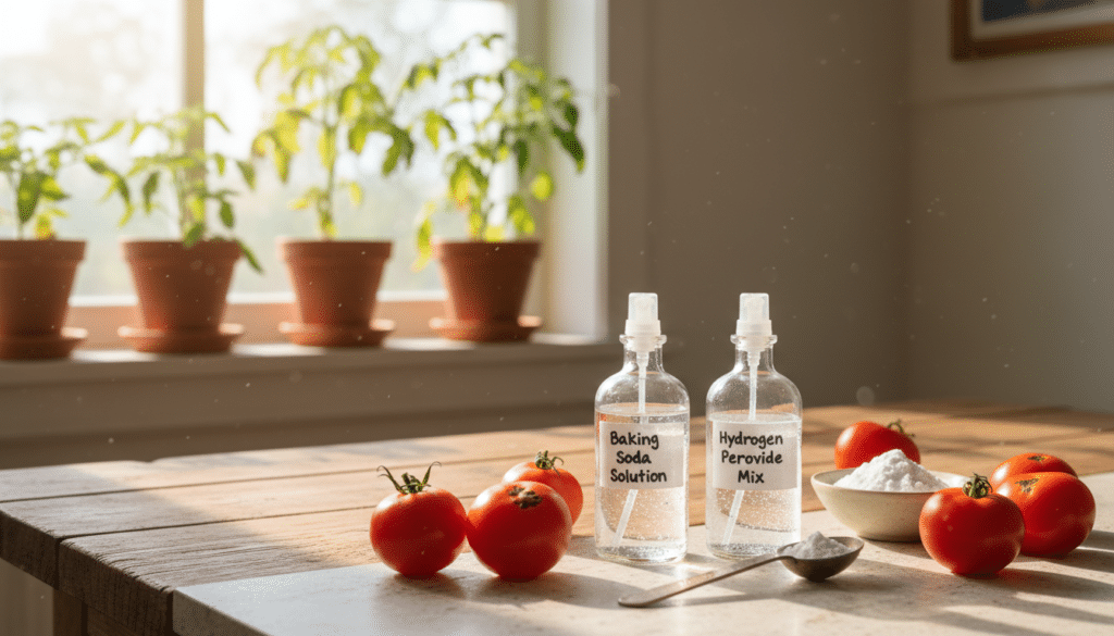 A well-lit kitchen countertop displaying homemade sprays for tomato blight. In the foreground, a small glass spray bottle labeled “Baking Soda Solution” next to another clear bottle labeled “Hydrogen Peroxide Mix,” both filled with liquid. Surrounding them are fresh tomatoes showing slight signs of blight, alongside a measuring spoon and a bowl of baking soda. In the middle area, a rustic wooden table adds warmth, with natural sunlight streaming in through a nearby window, creating a cozy and inviting atmosphere. The background features potted tomato plants with healthy green leaves and a few yellowed ones, indicating the blight issue. The overall mood is one of hope and practical gardening solutions.