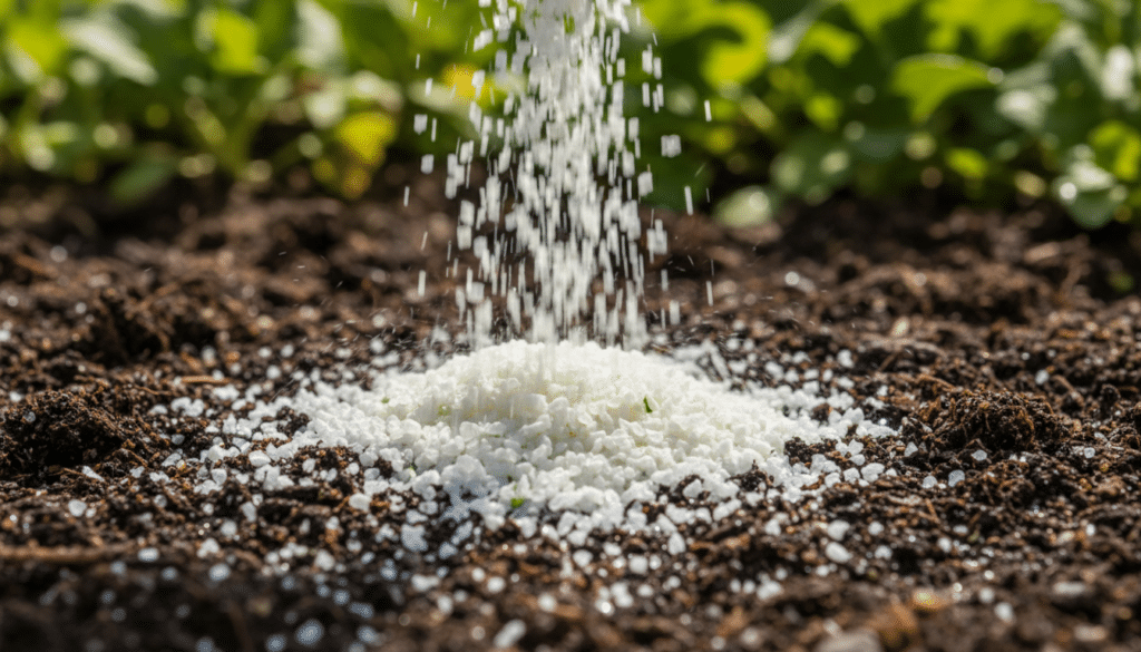 Close-up macro photography of garden lime being sprinkled onto dark moist garden soil, organic gardening concept, bright natural lighting, 4k.