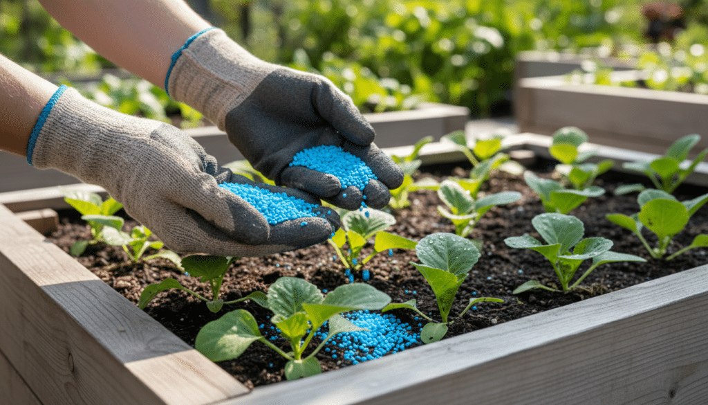 Close-up of a gardener's hands holding blue synthetic fertilizer granules over a row of young vegetable starts in a modern raised bed.