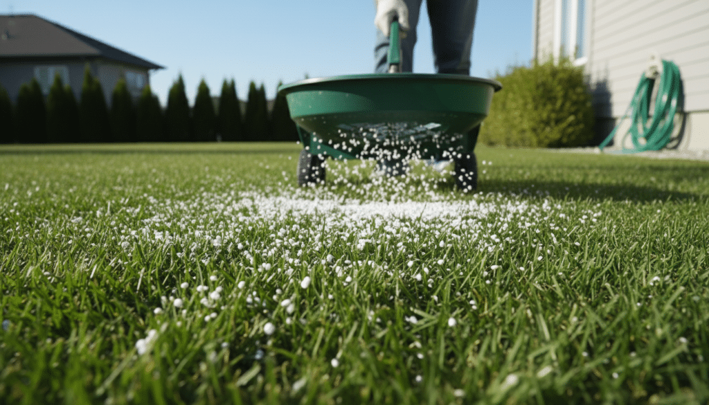 Close up of a vibrant green residential lawn being treated with high nitrogen fertilizer granules, sunny day, professional landscaping look.