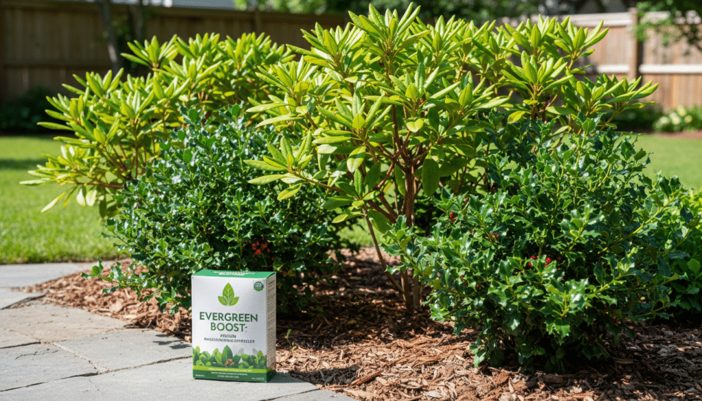 Healthy green rhododendron and holly bushes in a backyard setting, showing a specialty evergreen fertilizer box nearby, sharp focus, vibrant colors.