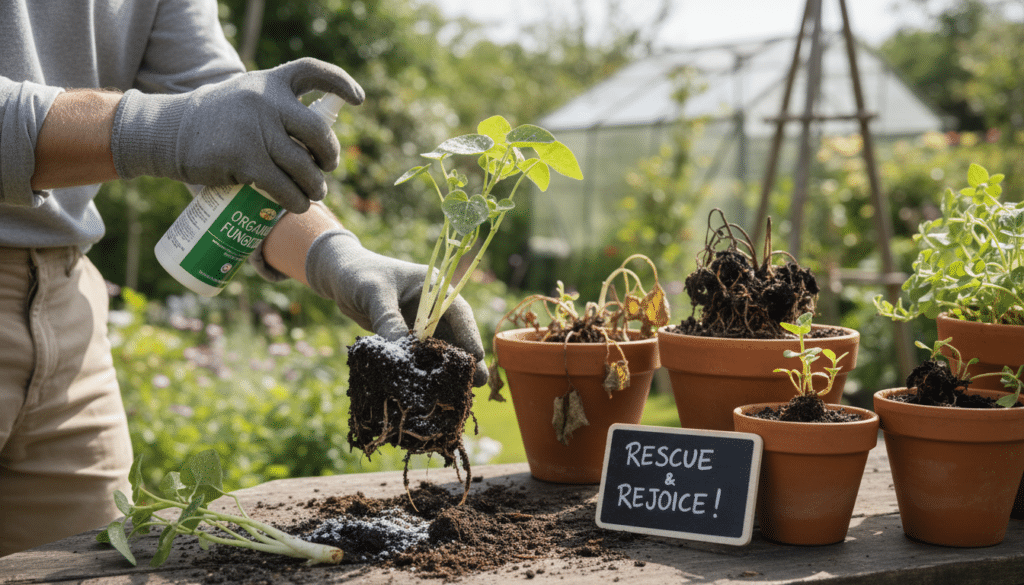 In a bright, well-lit garden setting, the foreground features a close-up of a gardener wearing modest casual clothing, carefully applying fungicide to a plant with visibly affected roots. The soil appears damp, and the gardener’s hand is delicately placing healthy cuttings next to the rotting roots, emphasizing the treatment process. In the middle ground, various potted plants show signs of root rot, with some clear before-and-after comparisons. The background showcases a variety of lush greenery, bathed in soft natural light, conveying an atmosphere of rejuvenation and hope in plant care. A shallow depth of field focuses on the action of treating the root rot, while the surrounding foliage is blurred, enhancing the subject's importance.