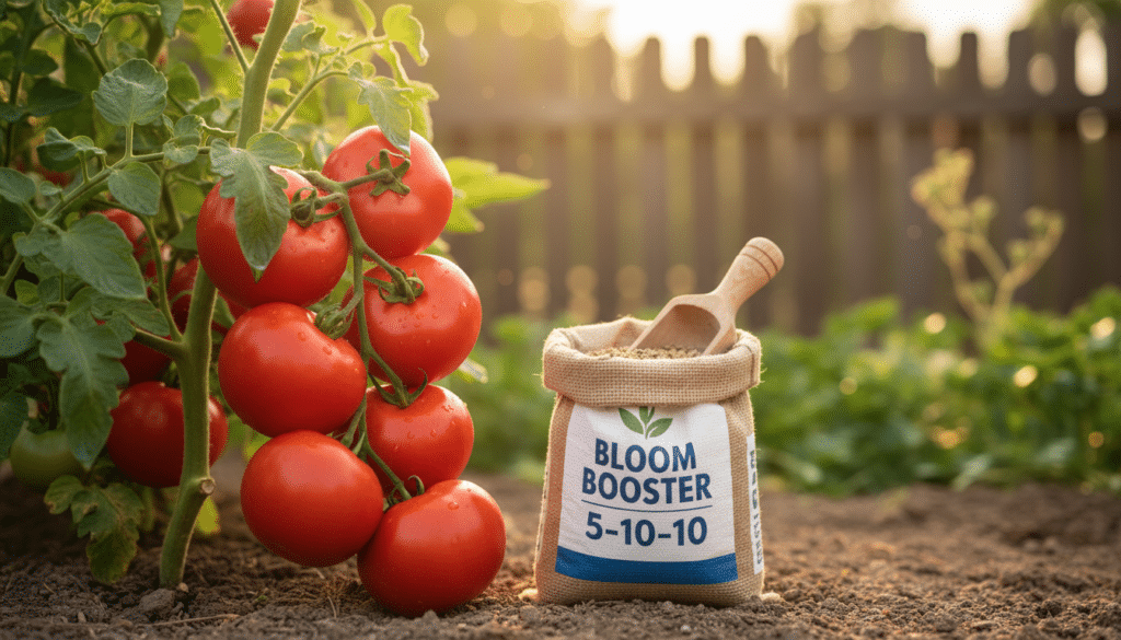 Large, ripe red tomatoes growing on a vine next to a bag of 5-10-10 bloom booster fertilizer, soft garden sunlight, shallow depth of field.
