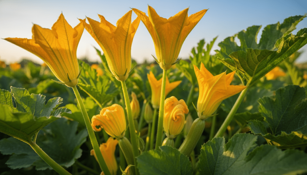 Male and female zucchini flowers displayed prominently in a vibrant vegetable garden. In the foreground, focus on the male flowers with their long, slender stems and vivid yellow color, showcasing their trumpet-like shape. Interspersed are female flowers, identifiable by their swollen base, hinting at the development of zukes. The middle layer contains lush green zucchini plants, with broad leaves casting gentle shadows. In the background, soft sunlight filters through a blue sky, creating a warm and inviting atmosphere. The lighting is bright yet soft, reminiscent of a late afternoon. Capture the scene from a slightly low angle, emphasizing the flowers against the upward tilt of their stems, evoking a sense of growth and vitality in this rich garden setting. Male and female zucchini flowers displayed prominently in a vibrant vegetable garden. In the foreground, focus on the male flowers with their long, slender stems and vivid yellow color, showcasing their trumpet-like shape. Interspersed are female flowers, identifiable by their swollen base, hinting at the development of zukes. The middle layer contains lush green zucchini plants, with broad leaves casting gentle shadows. In the background, soft sunlight filters through a blue sky, creating a warm and inviting atmosphere. The lighting is bright yet soft, reminiscent of a late afternoon. Capture the scene from a slightly low angle, emphasizing the flowers against the upward tilt of their stems, evoking a sense of growth and vitality in this rich garden setting.