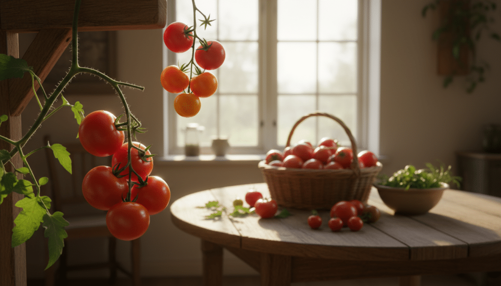 Ripening tomatoes indoors, captured in a warmly lit kitchen setting. In the foreground, a cluster of vibrant red and orange tomatoes hangs from lush green vines, their glossy surfaces gleaming with subtle reflections. In the middle ground, a wooden table displays a rustic basket filled with freshly picked tomatoes, some spilling onto the table's surface. In the background, soft natural light filters through a nearby window, casting gentle shadows that enhance the cozy atmosphere. The scene evokes a sense of home gardening and nurturing, inviting viewers to appreciate the beauty of homegrown produce. The composition highlights the varying stages of ripeness, showcasing the rich textures and colors of the tomatoes.