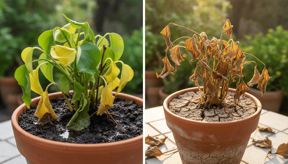 overwatering vs underwatering plants signs